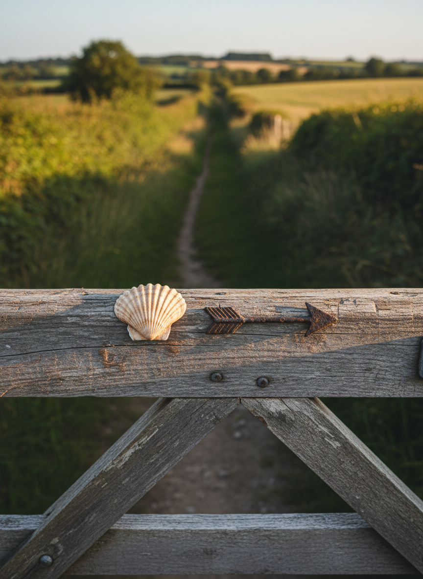 A simple scallop shell and a small, weathered metal waymark arrow resting on an old wooden gate, the wood grain deeply etched and silvered by age. Behind the gate, a faint rural track disappears into a gently undulating landscape of fields bordered by hedgerows. Soft, low-angle evening light grazes the wood and metal, emphasizing texture and casting delicate shadows from the shell’s ridges. The mood is quietly symbolic and introspective, hinting at pilgrimage and life journeys. Photographic realism, shot from a slightly elevated close-up angle, with a shallow depth of field that blurs the track and horizon into a soft backdrop, creating a professional, minimalist yet evocative composition.