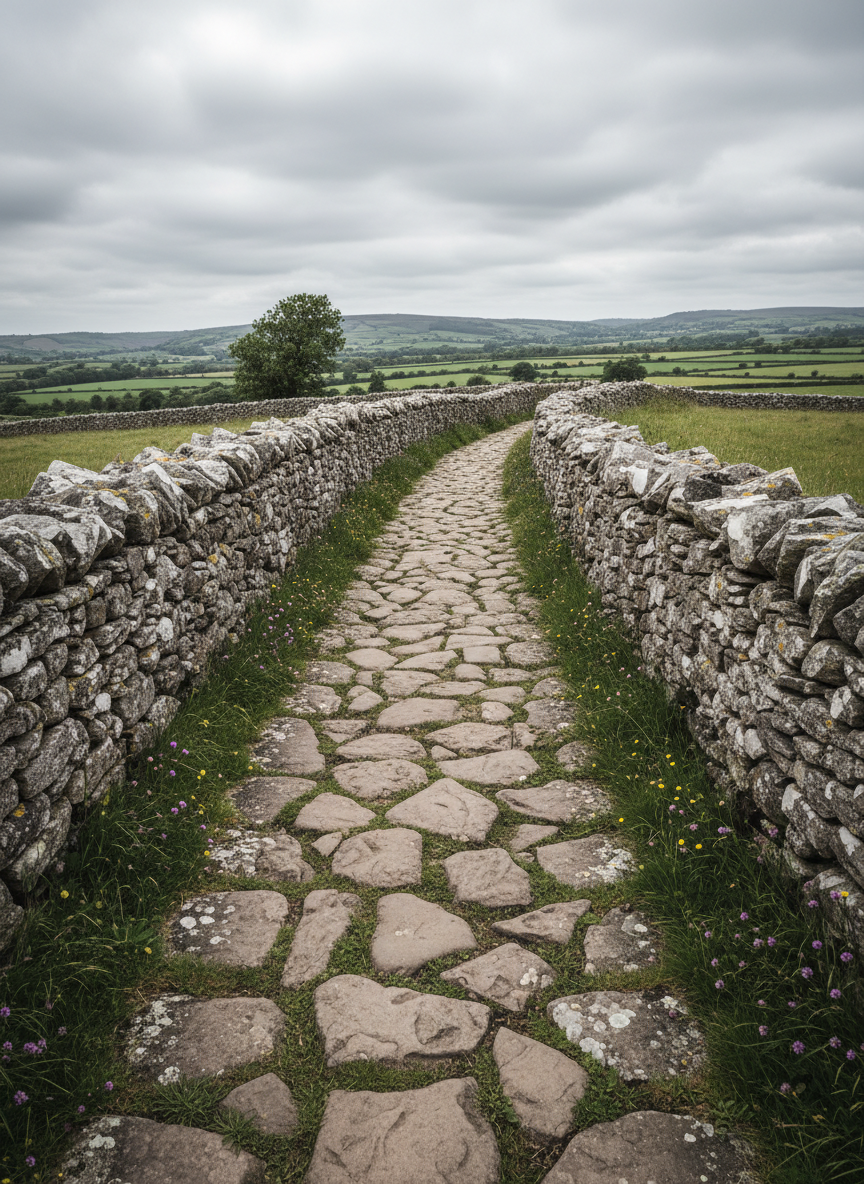A narrow stone path of irregular, time-smoothed slabs leading between ancient dry-stone walls, their rough, lichen-speckled surfaces showing subtle shades of gray and muted green. Tufts of grass and tiny wildflowers grow between the stones. Beyond the walls, rolling countryside stretches under a high, overcast sky that diffuses soft, even light across the scene, reducing harsh shadows. The atmosphere is quiet, contemplative, and slightly timeless, evoking the feel of a historic pilgrimage route. Photographic realism, composed using the rule of thirds with the path drawing the eye into the distance, moderate depth of field to keep both foreground stones and mid-distance walls crisp, suitable for a reflective walking travel article.