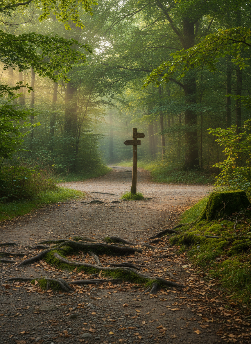 A well-worn dirt trail winding gently through a lush mixed forest, the compacted earth scattered with dry leaves and small stones. Moss-covered roots cross the path, and a simple wooden trail marker stands at a fork in the distance. Soft early-morning light filters through a high canopy of green, creating dappled patterns on the path and subtle mist in the background. The mood is calm and contemplative, suggesting the beginning of a long walk. Photographic realism, shot at eye level with a slight forward-looking perspective, sharp focus on the nearest section of trail, and a natural, professional aesthetic suited to a walking travel blog header image.