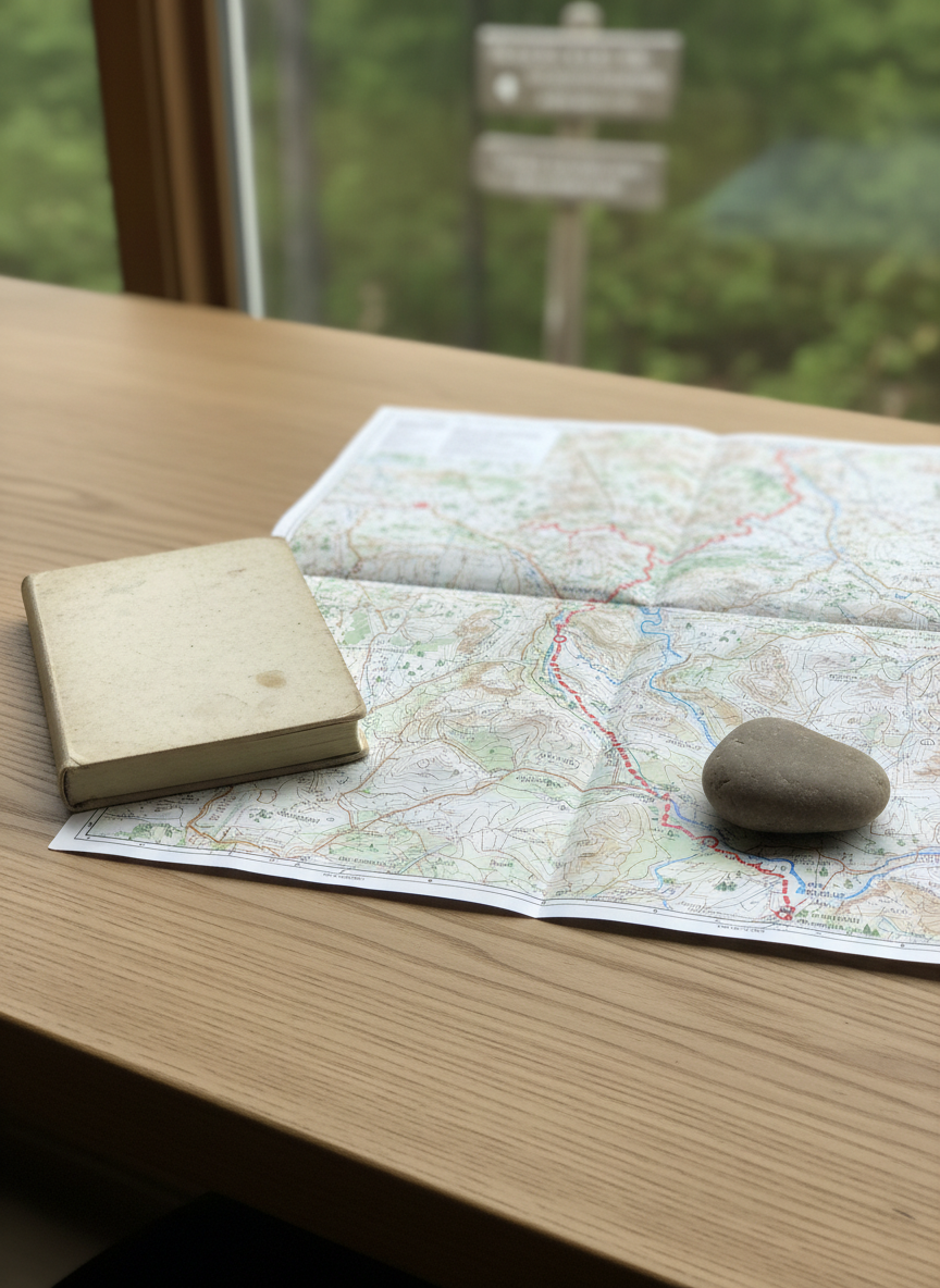 A minimalist wooden desk with a closed, slightly scuffed paper travel journal and a neatly folded detailed topographic map spread beside it, showing winding contour lines and a highlighted long-distance walking route. A single smooth river stone rests on the map to hold it open. Near the top edge of the frame, a window reveals a blurred glimpse of forest and trailhead sign outside. Soft, overcast daylight enters from the side, creating gentle shadows and a calm, focused atmosphere. Photographic realism, shot from a slightly elevated angle, sharp focus on the journal and map, background softly out of focus. The mood is thoughtful and organized, ideal for an article about planning walking journeys and personal reflections.