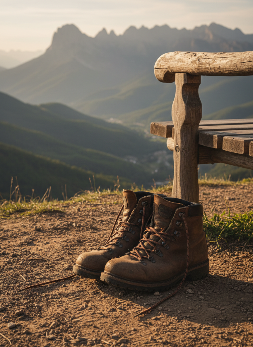 A solitary, well-used pair of leather hiking boots resting neatly beside a simple wooden bench at the edge of a viewpoint. The boots show faint scuffs and dust on the soles, laces loosely draped. Beyond them, a sweeping valley of rolling hills and distant mountains fades into a soft, hazy horizon. Late-afternoon golden hour light bathes the scene, creating warm highlights on the worn leather and long shadows stretching toward the viewer. The mood is reflective and slightly nostalgic, suggesting a pause in a long journey. Photographic realism, shot from a low, close angle with shallow depth of field, boots in sharp focus and landscape gently blurred, in a clean, professional composition.