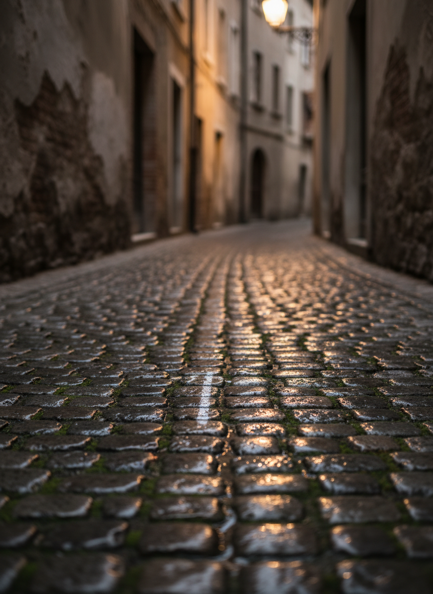 A rain-darkened cobblestone alley in an old European town, the stones glistening with tiny puddles that reflect muted, warm light from unseen windows and lanterns. Fine cracks between the cobbles are filled with moss, and a faint, chalked arrow on the ground points forward. The alley gently curves out of sight, framed by aged stone walls with peeling plaster. The lighting is soft and moody, early evening after rainfall, with subtle highlights on the wet surfaces. The atmosphere feels introspective and slightly mysterious, inviting contemplation of the path ahead. Photographic realism, eye-level composition with leading lines emphasized, moderate depth of field to keep textures sharp while allowing the distant curve to soften, polished and professional.